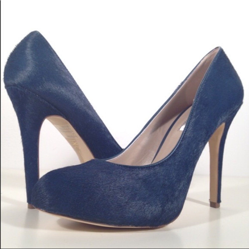 INC International Concepts Blue Fur Heels Size  8